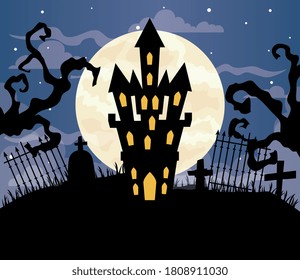 happy halloween background with castle haunted in cemetery scene vector illustration design