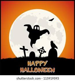 Happy Halloween Background with Cemetery on Orange Background. Vector