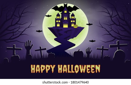 Happy halloween background with cemetery. Pumpkins graves and zombie hands in cemetery. Castle floating with moon.