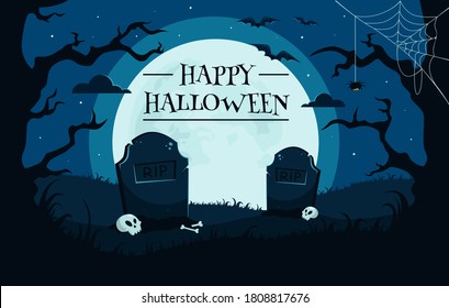 Happy Halloween background with cemetery, skulls, full moon, zombie hand, trees, bats. Vector illustration