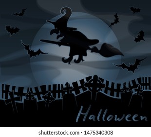 Happy halloween background with cemetery and witch, vector illustration