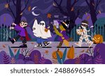 Happy Halloween background. Children in the park dressed in Halloween costume to go Trick or Treating In the moonlight. Spooky Season trendy vector illustration.