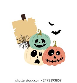 Happy Halloween background. Composition of three funny pumpkins.  Halloween lettering. Bats with a sign for the inscription. Holiday illustration in flat style.