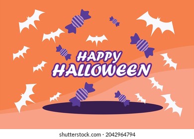 Felices halloween concepto de murciélago y dulces salen del agujero con fondo naranja aislado 