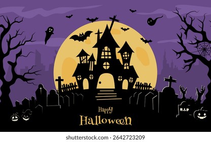 Happy Halloween background concept with night full moon, castle, graveyard and bats. Vector illustration.