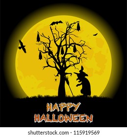 Happy Halloween Background. Creepy Halloween image silhouette in front of a Full Yellow Moon. Vector