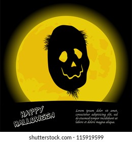 Happy Halloween Background. Creepy Mask in front of a Full Yellow Moon. Vector