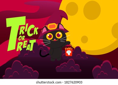 Happy Halloween Background With cute black cat carrying a halloween bag with a skull on it and wearing a witch hat on a full moon night