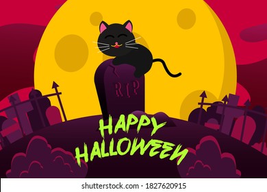 Happy Halloween Background With cute black cat on a tombstone on a full moon night. vector Illustration