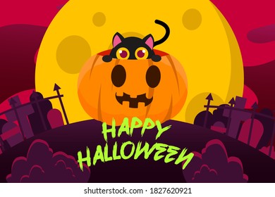 Happy Halloween Background With cute black cat hiding inside the pumpkin on a full moon night. vector Illustration