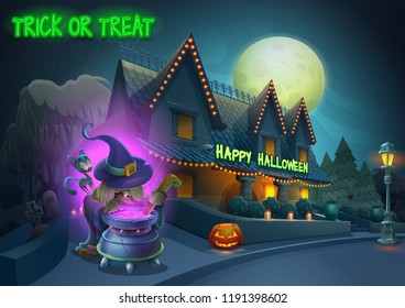 Happy Halloween background - cute character witch on night landscape, house with lights in the moonlight. Vector illustration with text.