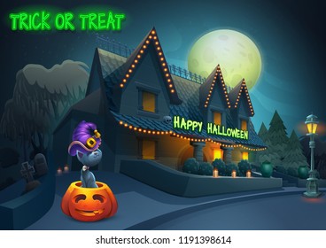 Happy Halloween background - cute character cat in witch hat on night landscape, house with lights in the moonlight. Vector illustration with text.