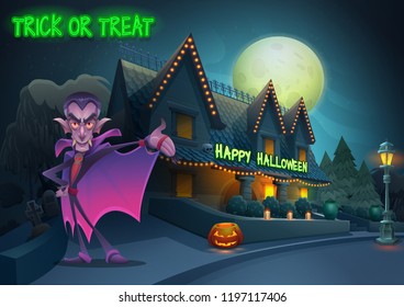Happy Halloween background - cute character vampire on night landscape, house with lights in the moonlight. Vector illustration with text.