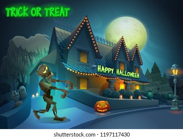 Happy Halloween background - cute character zombie on night landscape, house with lights in the moonlight. Vector illustration with text.