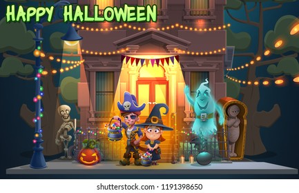 Happy Halloween background - cute characters kids on night landscape, house with lights in the moonlight. Vector illustration with text.