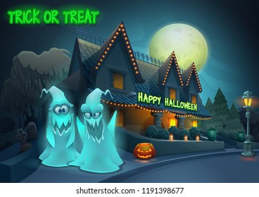 Happy Halloween background - cute characters ghosts on night landscape, house with lights in the moonlight. Vector illustration with text.