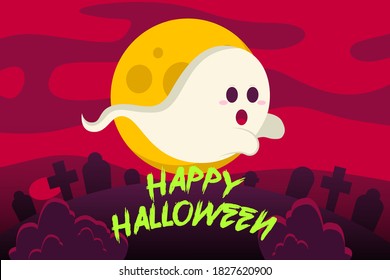 Happy Halloween Background with Cute Flying Ghost and Full Moon in the sky. Vector Illustration