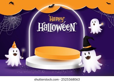 Feliz fondo de Halloween con lindos fantasmas voladores y podio de escenario para exhibición de productos, diseño de Vector 