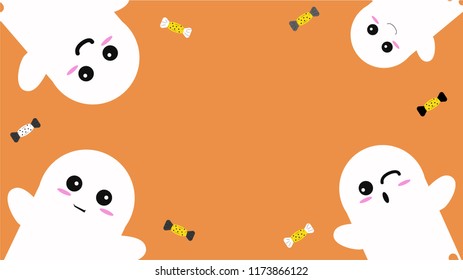 Happy Halloween Background with Cute Ghosts and Candys Vector Illustration. Halloween Ornaments on Orange Background.