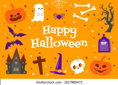 Happy Halloween background with cute objects in flat design on a yellow background