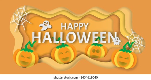 Happy Halloween Background with cute pumpkins, ghosts,cobwebs. paper cut and craft style . background for banner and  advertising .Vector Illustration .