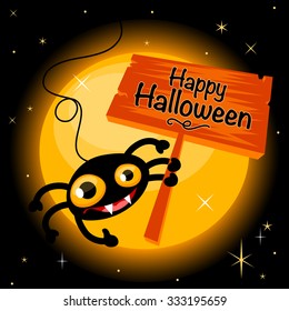 Happy Halloween background with cute spider holding a board