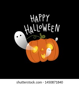 Happy Halloween background with cute spooky ghosts and scary pumpkin . Holidays cartoon character.