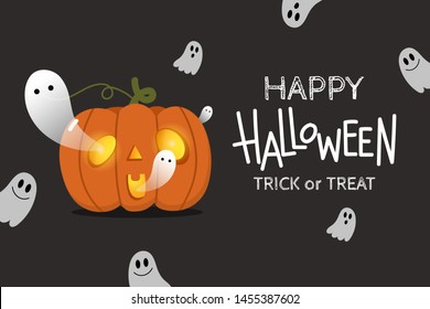 Happy Halloween background with cute spooky ghosts and scary pumpkin . Holidays cartoon character.