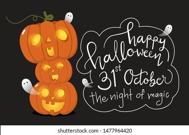 Happy Halloween background with cute spooky ghosts and scary pumpkin . Holidays cartoon character. Lettering calligraphy hand written. -Vector