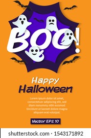 Happy Halloween background with cute and spooky ghost in orange background. Halloween design for poster, banner, invitation party or sale promotion and space for your text. Vector Illustration eps 10.