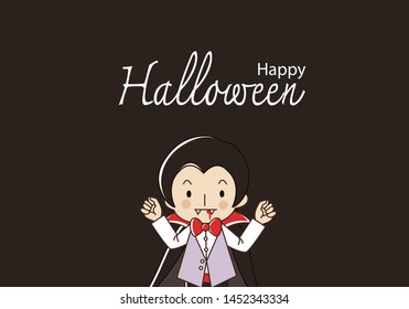 Happy Halloween background with cute young Vampire lord. Holidays cartoon character in black background and font.