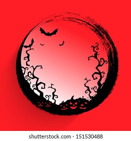 Happy Halloween background with dead tree branches, scary pumpkins and flying bats. 