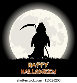 Happy Halloween Background with Death holding a Scythe and White Full Moon. Vector