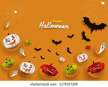 Happy Halloween background decorated with colorful scary pumpkins and flying bats for event celebration concept.