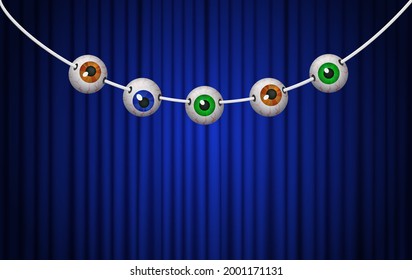 Happy Halloween background for design with hanging eyes on blue curtain. Vector illustration