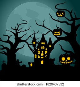 Happy Halloween Background design with Night landscape of castle and grave vector illustration. Good template for halloween wallpaper design.