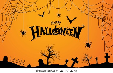 Happy halloween. Background design for halloween poster or decor. Vector happy halloween lettering and spider webs.