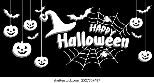 Feliz Dia das Bruxas. Design de fundo para cartaz ou decoração halloween. Vetor feliz halloween letras e teias de aranha.