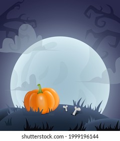 Happy Halloween background for design with pumpkin and moon. Vector illustration