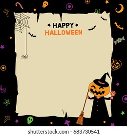 Happy Halloween background design with pumpkin monster wear the witch costume on pattern black background.