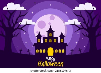 happy halloween background design in purple color for banner, poster, cover and more.