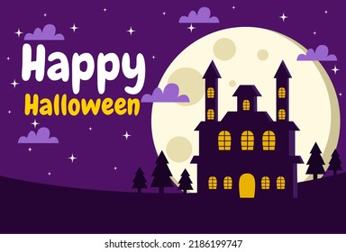 happy halloween background design in purple color for banner, poster, cover and more.