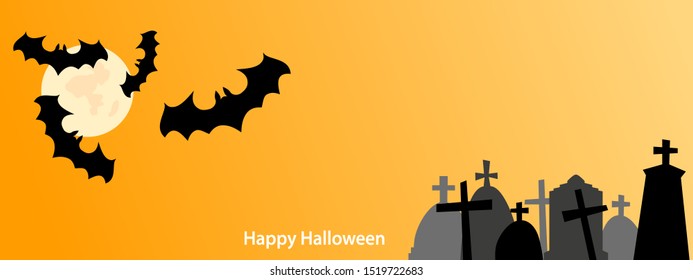Happy Halloween background design with tombstone, moon and bats