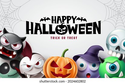 Happy halloween background design. Halloween trick or treat text with scary pumpkin, witch, vampire and skull for  horror party decoration. Vector illustration.
