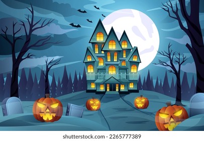 Happy Halloween background design vector with graveyard, glowing pumpkin lantern, scary castle in the spooky jungle under the moonlight.