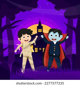 Happy Halloween background design vector with kids in Halloween bandage and vampire costumes. Treat or trick fantasy fun party holiday celebration.