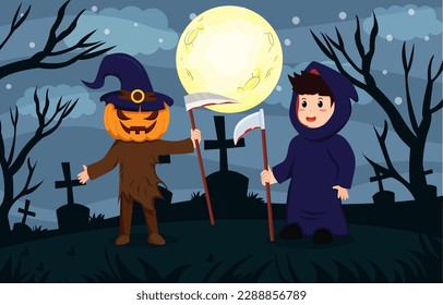 Happy Halloween background design vector with kids in pumpkin and devil Halloween costumes. Treat or trick fantasy fun party holiday celebration.