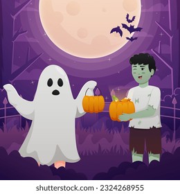 Happy Halloween background design vector with kids in ghost and vampire costumes. Treat or trick fantasy fun party holiday celebration.