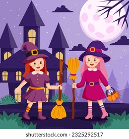 Happy Halloween background design vector with kids in Halloween costumes. Treat or trick fantasy fun party holiday celebration.