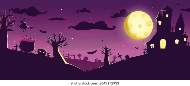 Happy Halloween background design vector. Wallpaper with spooky ghost, pumpkin, bat, moon, skull, witch, castle. Illustration halloween festival for decoration, prints, website, promotion, ads.